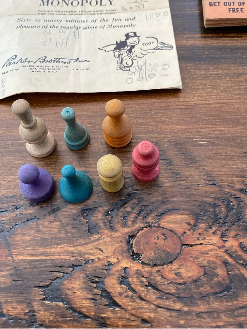 Vintage Monopoly Wooden Hotels, Houses & Game Pieces & Cards - Multicolor